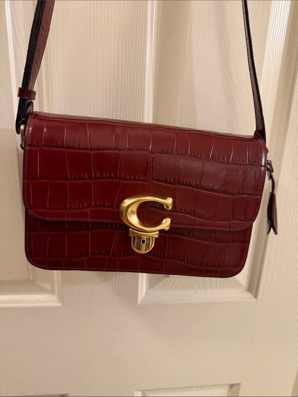 Coach Croc-Embossed Shoulder Bag in Burgundy with Gold Hardware